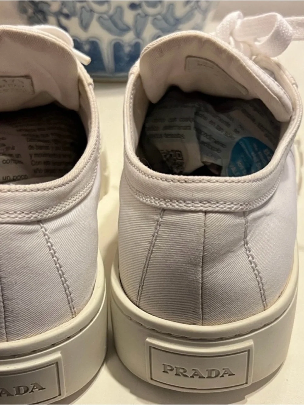 Prada Wheel Gabardine White Canvas Low-Top Sneakers with Logo Heel sz 37 1/2 - Picture 2 of 12